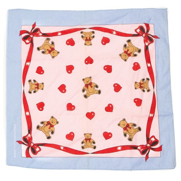 Vintage 80's Cotton Bandana Scarf | Hearts, Ribbon, Teddy Bears Pink Red + Blue - Picture 1 of 5